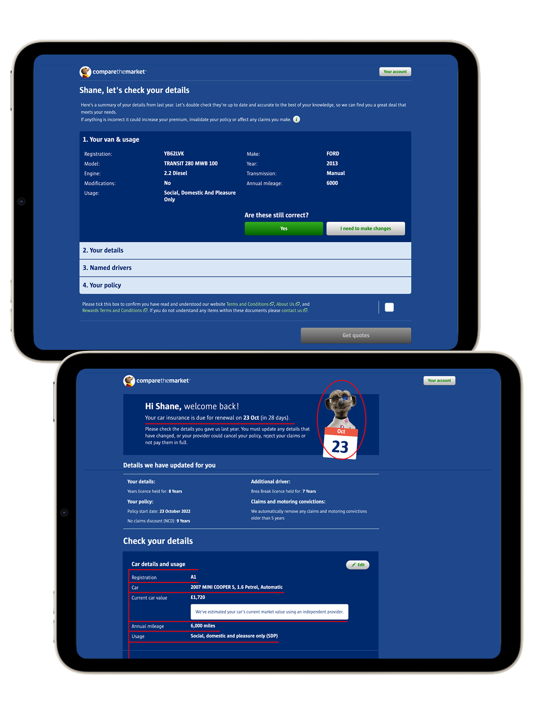 Two iPad images, one showing a blue page with a breakdown of car insurance information for a user to confirm, the other with the same breakdown, along with Auto Sergei and some red annotations showing differences between the two images.