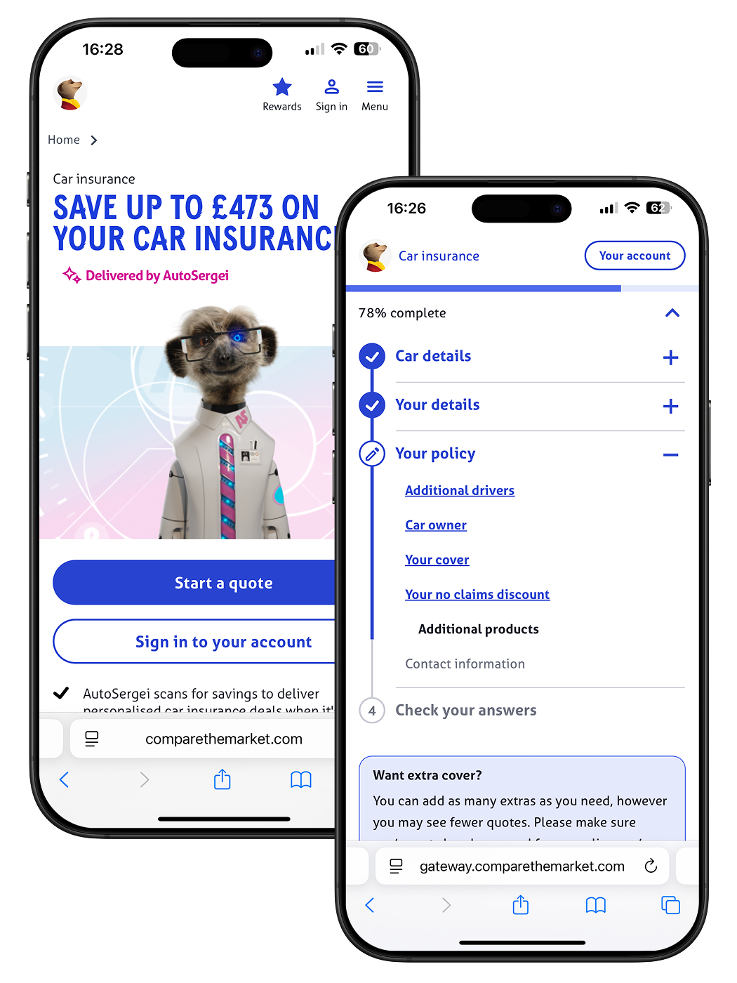 Two phone screens, one showing Compare the Market mascot Auto Sergei with a message saying you can save up to £473 on card insurance, and the other with a breakdown of the information needed to get a car insurance quote.