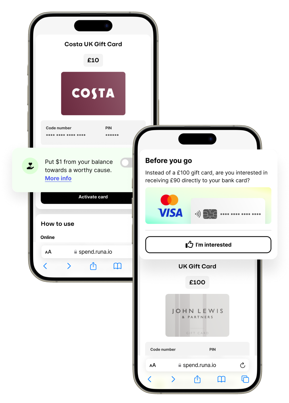 Two phone screens with one showing a a banner letting a user know they can swap a gift card for cash, and one with a section showing they can donate part of their gift card to charity.