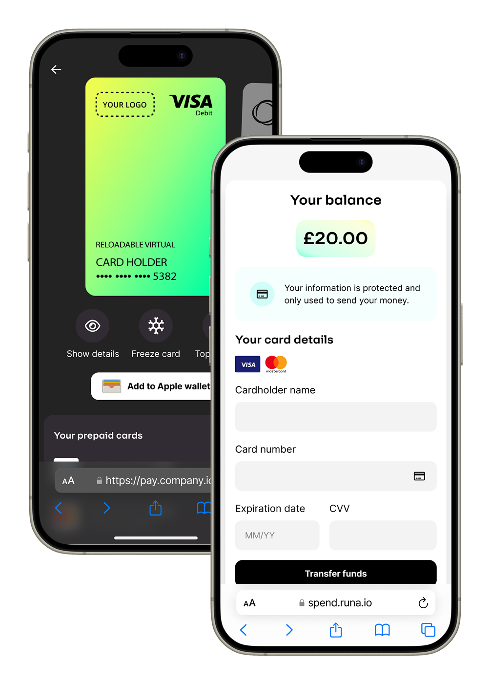 Two phone screens with one showing a form to enter credit card detials, and one with an image of a debit card.